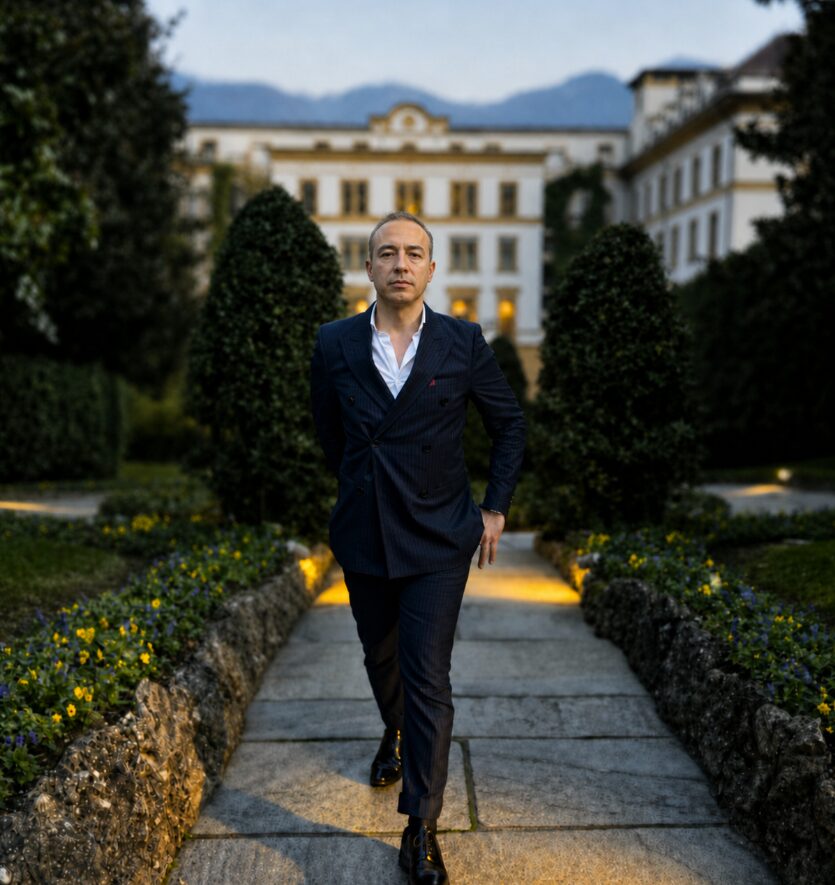 Marco Cioffi cammina nel viale di una villa storica europea al tramonto, in abito blu su misura.