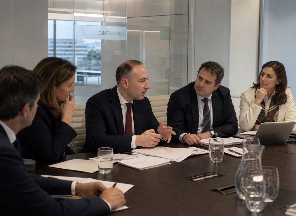 Marco Cioffi presenta la piattaforma Neuram a un team direttivo durante una sessione di lavoro a Madrid.